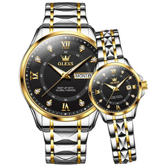 OLEVS 2906 Diamond Day Date Couples Watch Set Men Women - Two Tone Black Watch | Olevs Watch Store