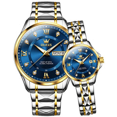 OLEVS 2906 Diamond Day Date Couples Watch Set Men Women - Two Tone Blue Watch | Olevs Watch Store
