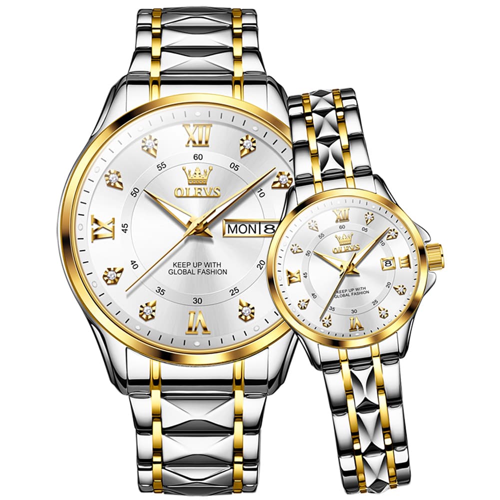 OLEVS 2906 Diamond Day Date Couples Watch Set Men Women - Two Tone White Watch | Olevs Watch Store