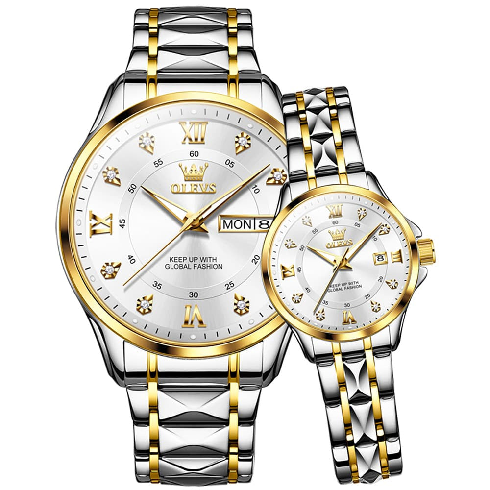 OLEVS 2906 Diamond Day Date Couples Watch Set Men Women - Two Tone White Watch | Olevs Watch Store