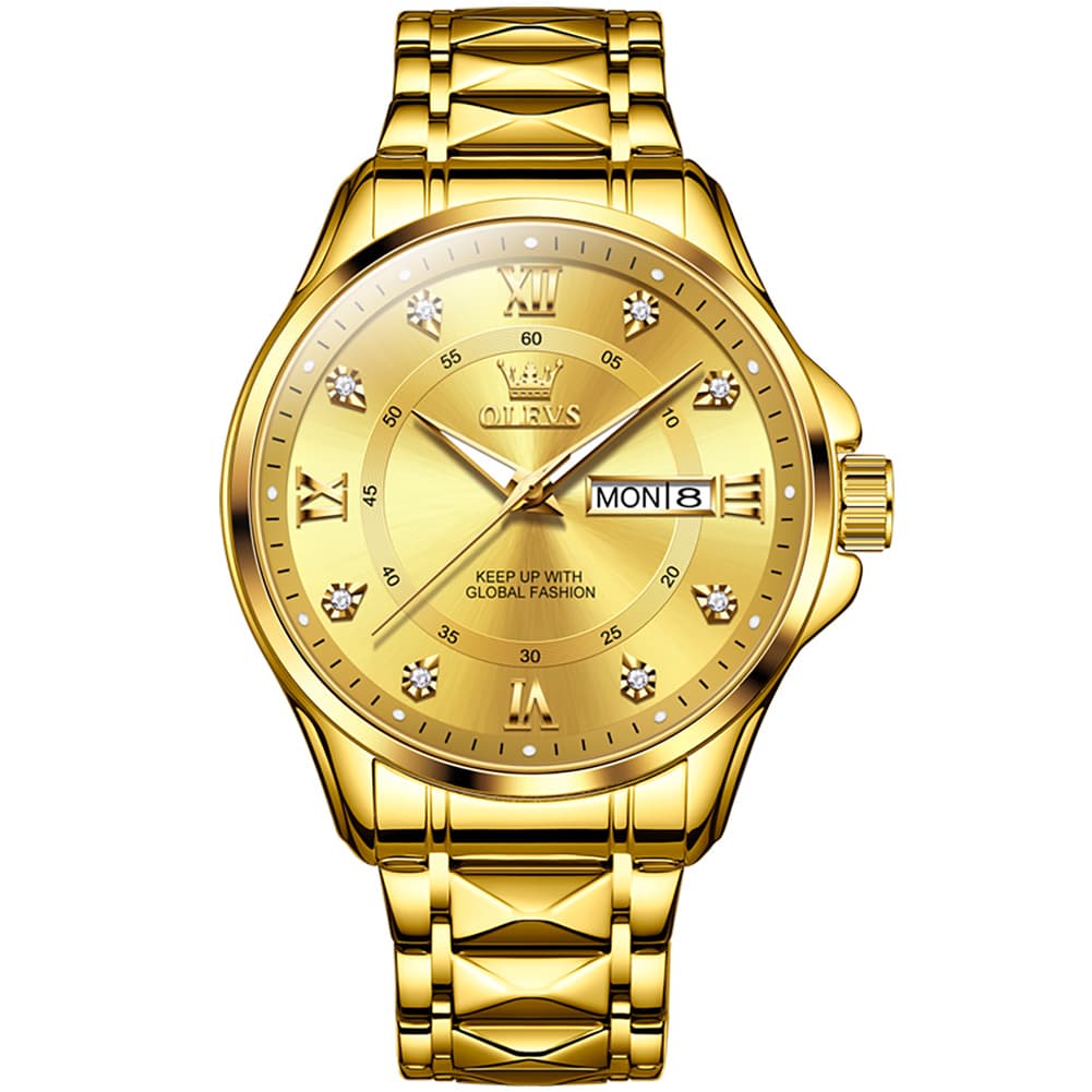 OLEVS 2906 Diamond Day Date Quartz Watch for Men - All Gold Watch | Olevs Watch Store