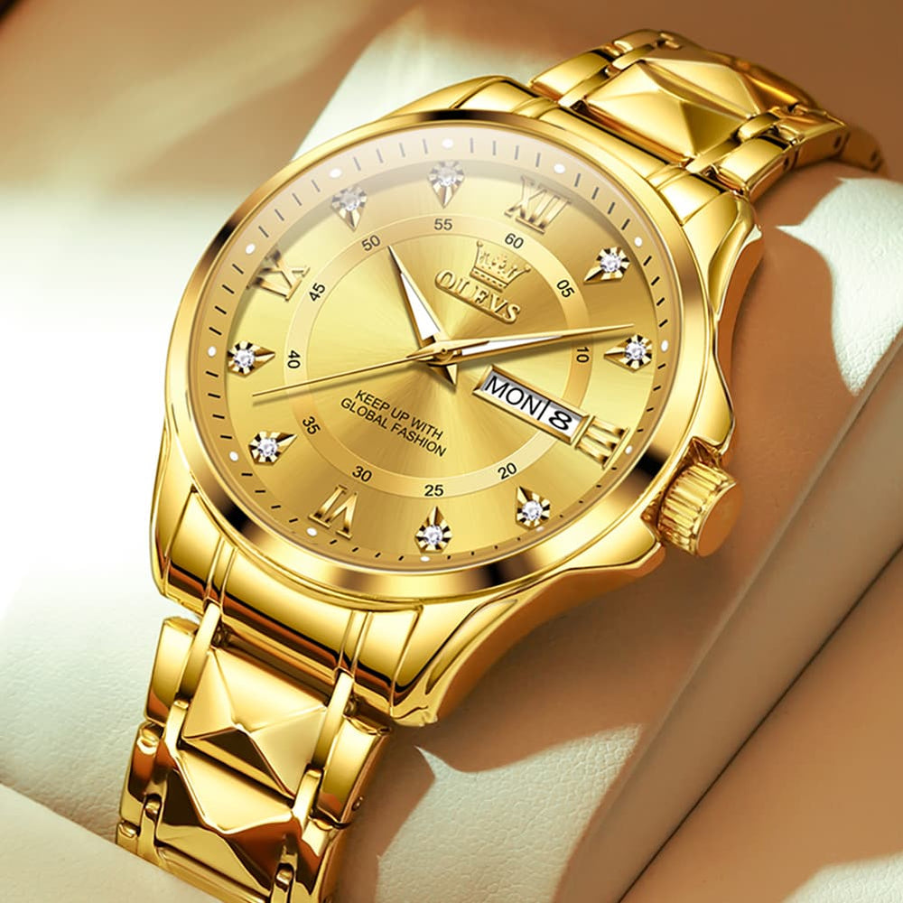 OLEVS 2906 Diamond Day Date Quartz Watch for Men - All Gold Watch | Olevs Watch Store