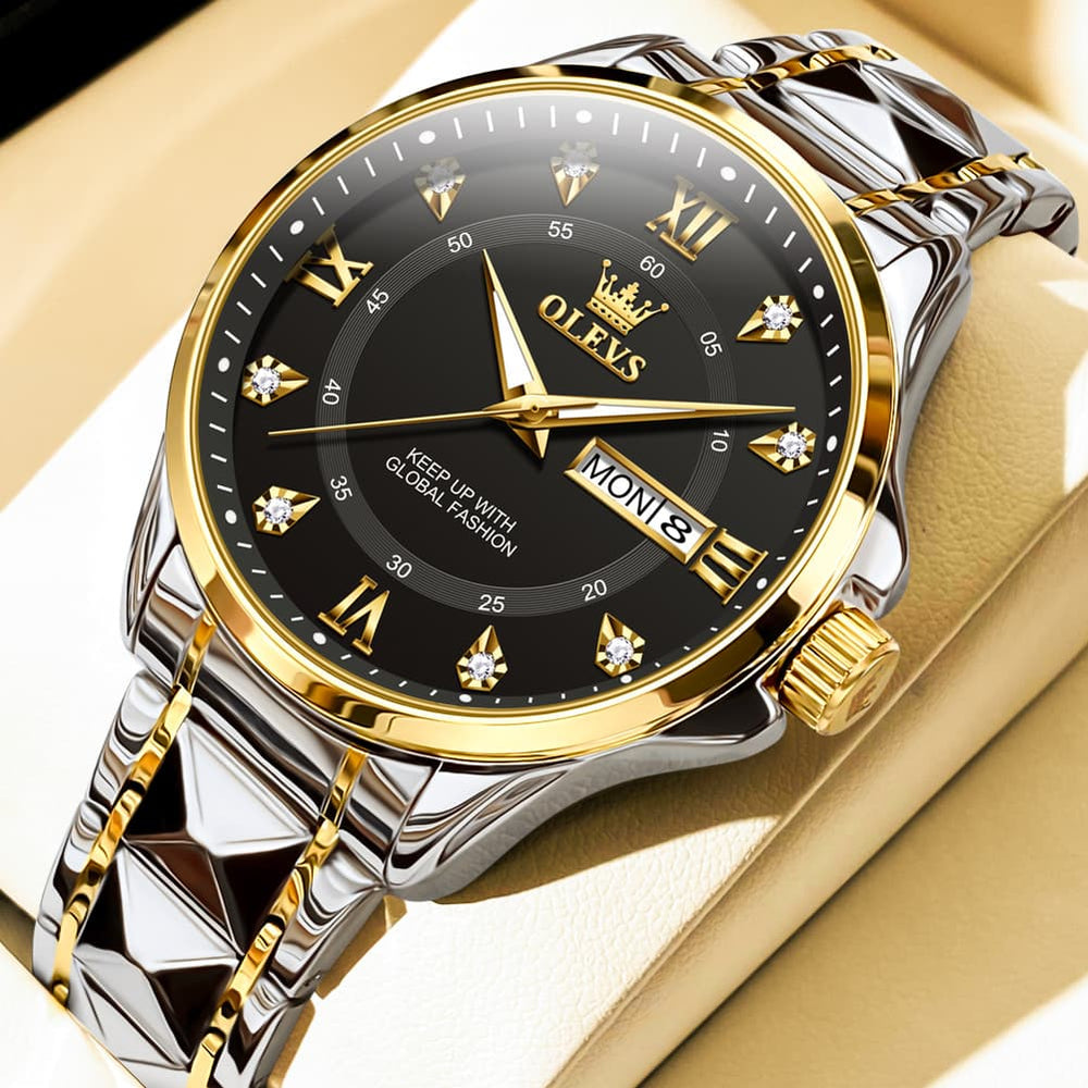 OLEVS 2906 Diamond Day Date Quartz Watch for Men - All Gold Watch | Olevs Watch Store