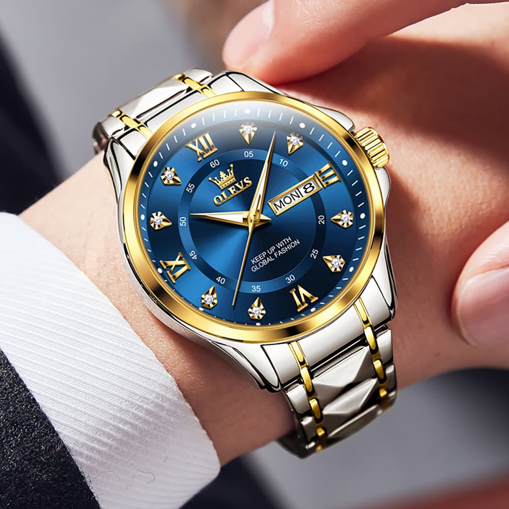 OLEVS 2906 Diamond Day Date Quartz Watch for Men - All Gold Watch | Olevs Watch Store