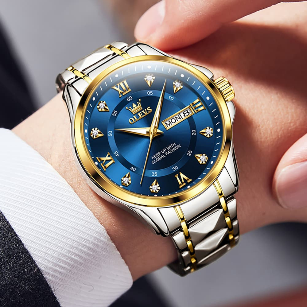OLEVS 2906 Diamond Day Date Quartz Watch for Men - All Gold Watch | Olevs Watch Store