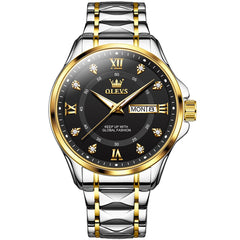 OLEVS 2906 Diamond Day Date Quartz Watch for Men - Two Tone Black Watch | Olevs Watch Store