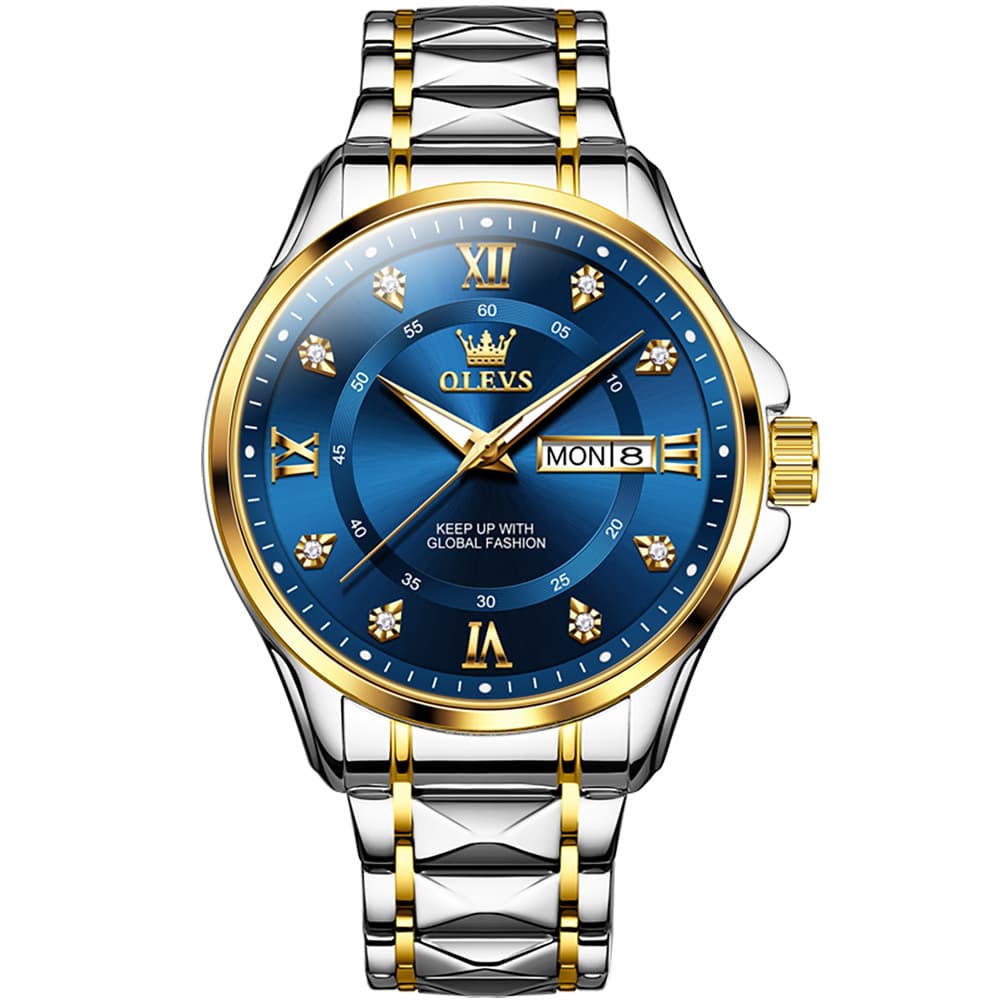 OLEVS 2906 Diamond Day Date Quartz Watch for Men - Two Tone Blue Watch | Olevs Watch Store