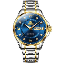 OLEVS 2906 Diamond Day Date Quartz Watch for Men - Two Tone Blue Watch | Olevs Watch Store
