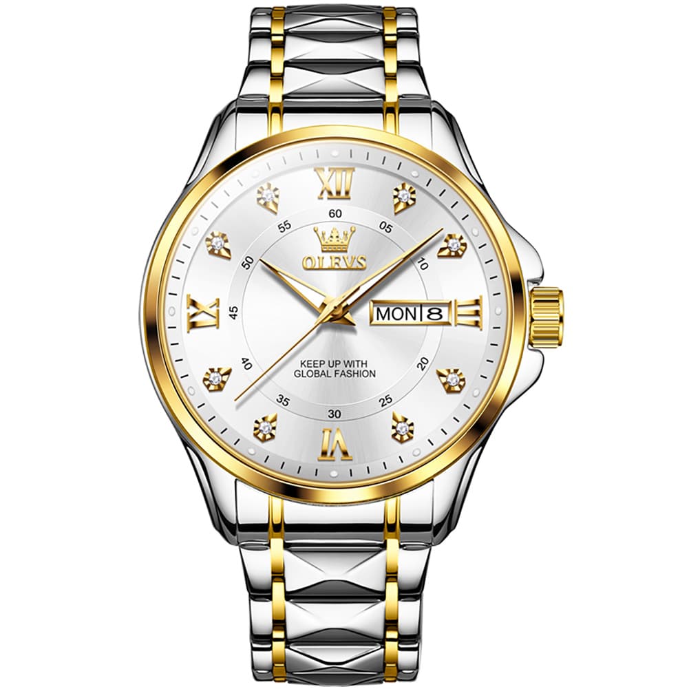 OLEVS 2906 Diamond Day Date Quartz Watch for Men - Two Tone White Watch | Olevs Watch Store