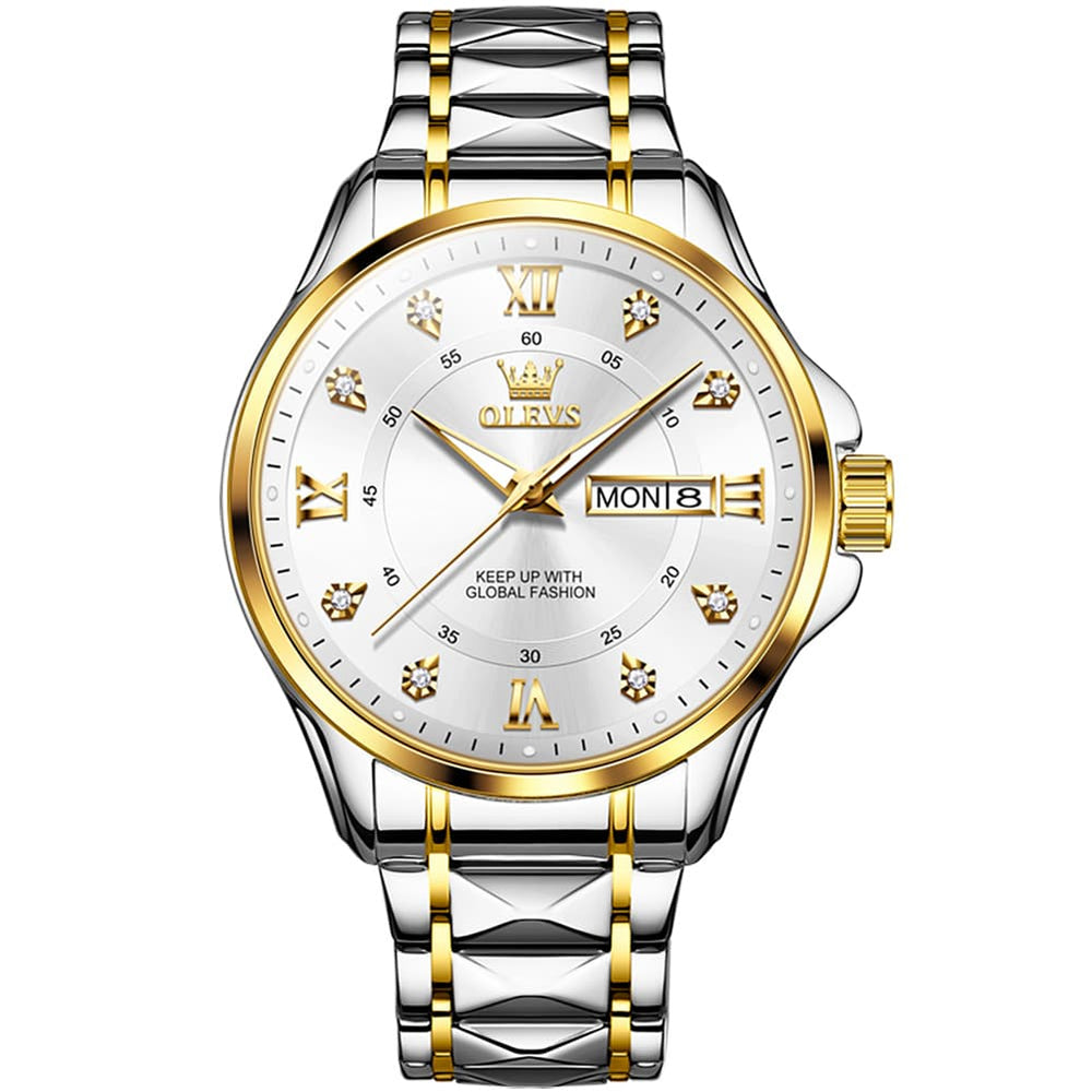 OLEVS 2906 Diamond Day Date Quartz Watch for Men - Two Tone White Watch | Olevs Watch Store
