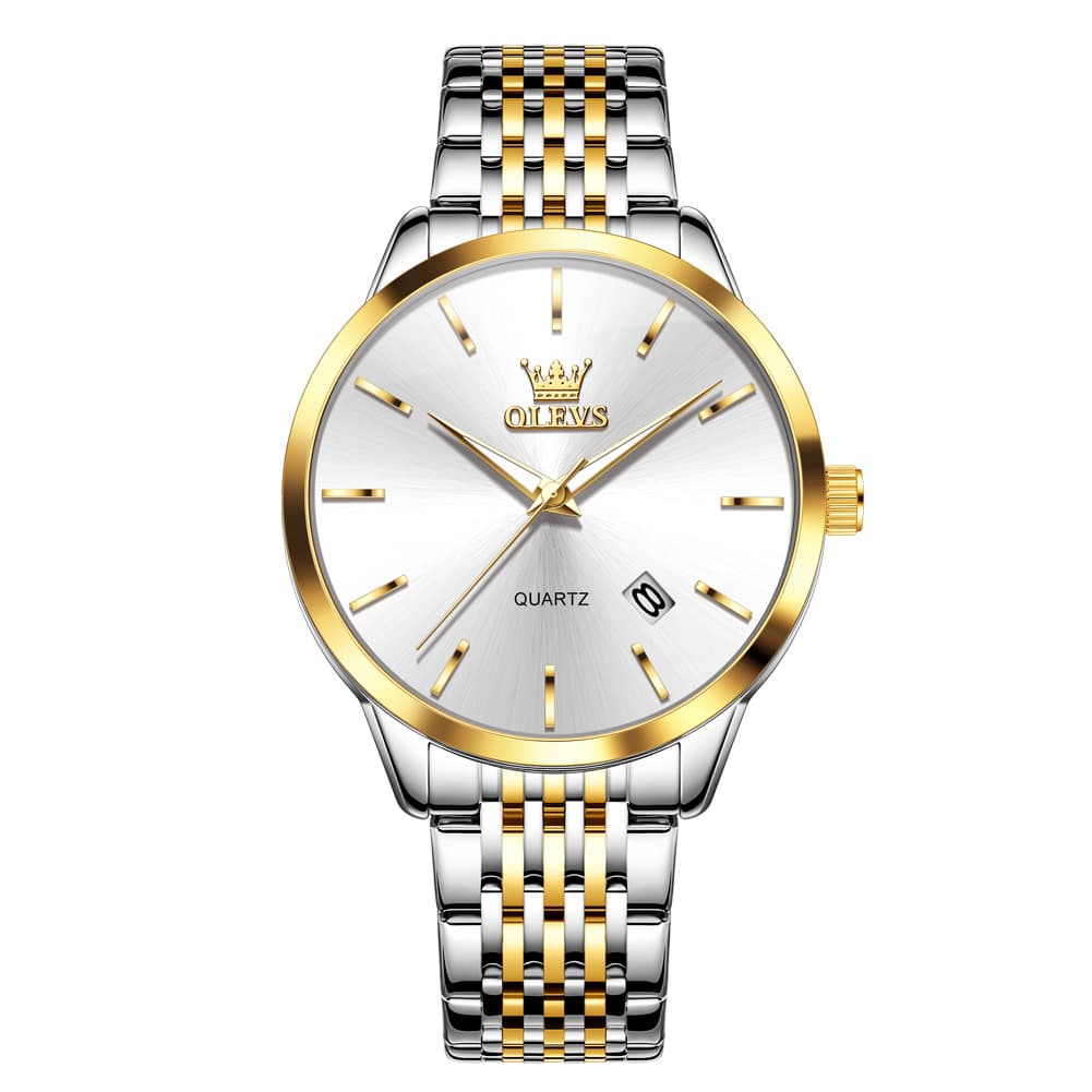 OLEVS 2907 Minimalist Ultra Thin Quartz Watch for Men - Two Tone Gold White Watch | Olevs Watch Store