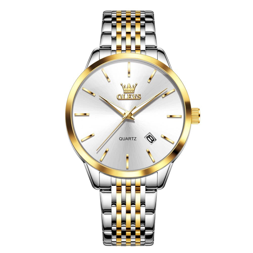 OLEVS 2907 Minimalist Ultra Thin Quartz Watch for Men - Two Tone Gold White Watch | Olevs Watch Store