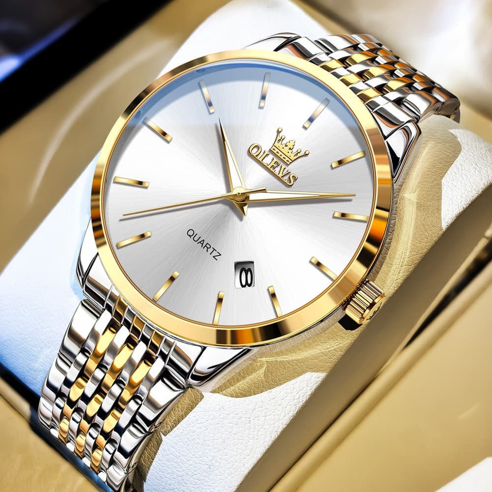 OLEVS 2907 Minimalist Ultra Thin Quartz Watch for Men - Two Tone Gold White Watch | Olevs Watch Store