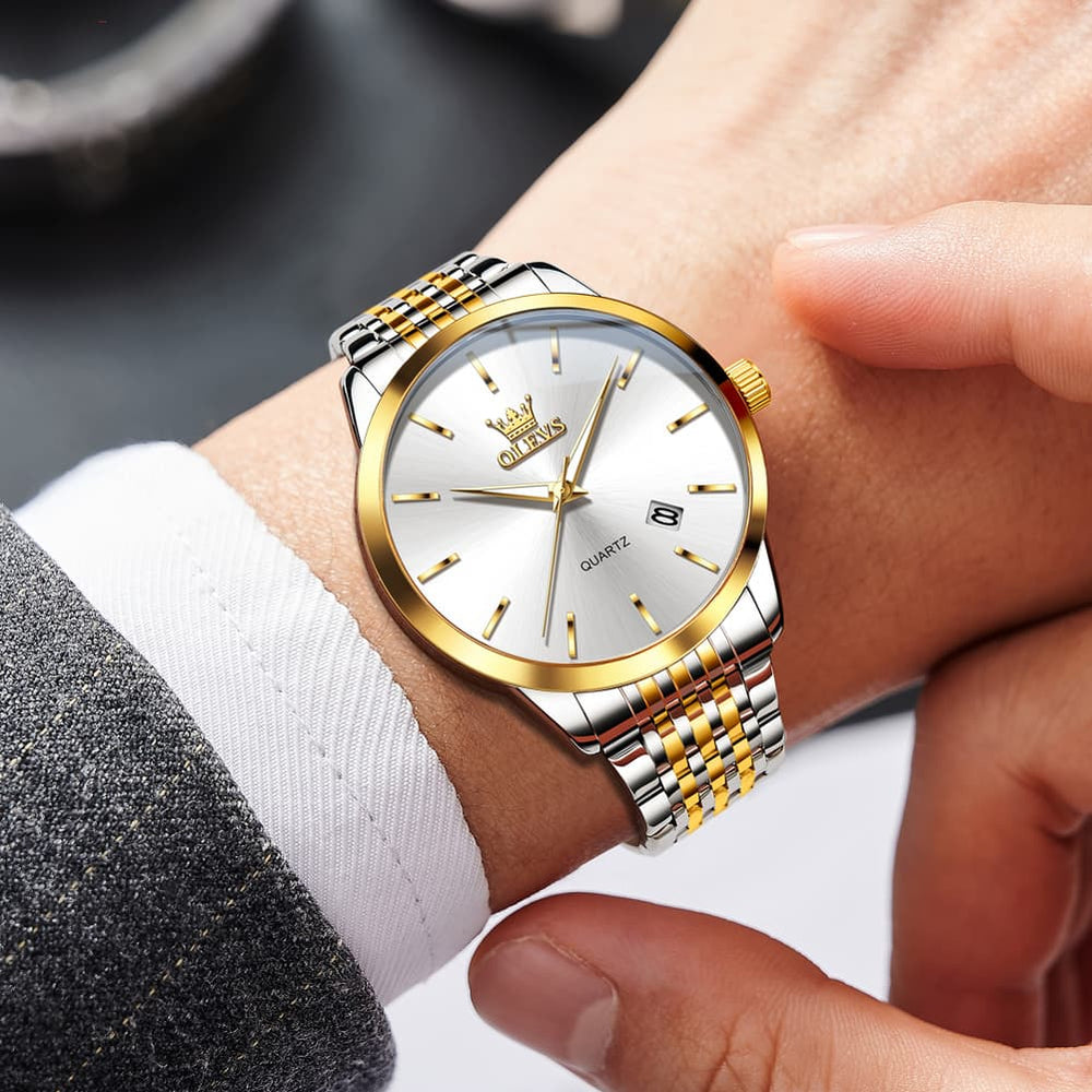 OLEVS 2907 Minimalist Ultra Thin Quartz Watch for Men - Two Tone Gold White Watch | Olevs Watch Store