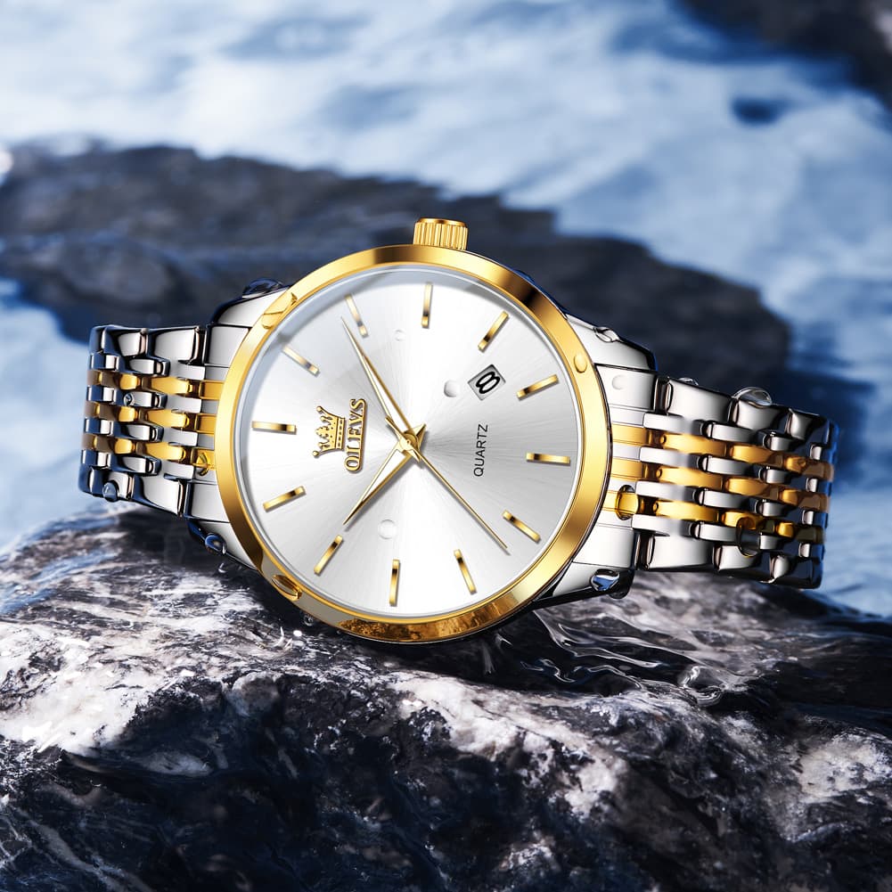 OLEVS 2907 Minimalist Ultra Thin Quartz Watch for Men - Two Tone Gold White Watch | Olevs Watch Store