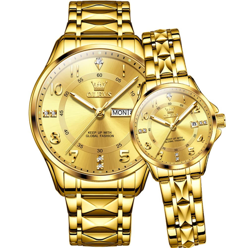 OLEVS 2910 Diamond Day Date Couples Watch Set Men Women - All Gold Watch | Olevs Watch Store