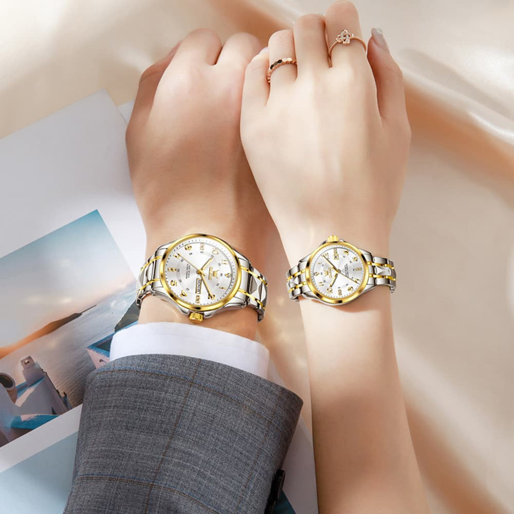 OLEVS 2910 Diamond Day Date Couples Watch Set Men Women - All Gold Watch | Olevs Watch Store