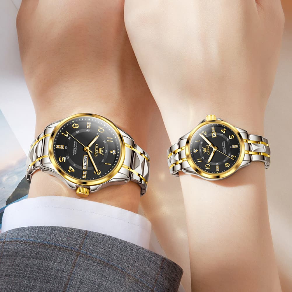 OLEVS 2910 Diamond Day Date Couples Watch Set Men Women - All Gold Watch | Olevs Watch Store