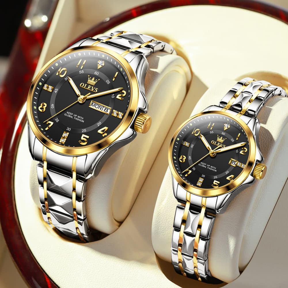 OLEVS 2910 Diamond Day Date Couples Watch Set Men Women - All Gold Watch | Olevs Watch Store