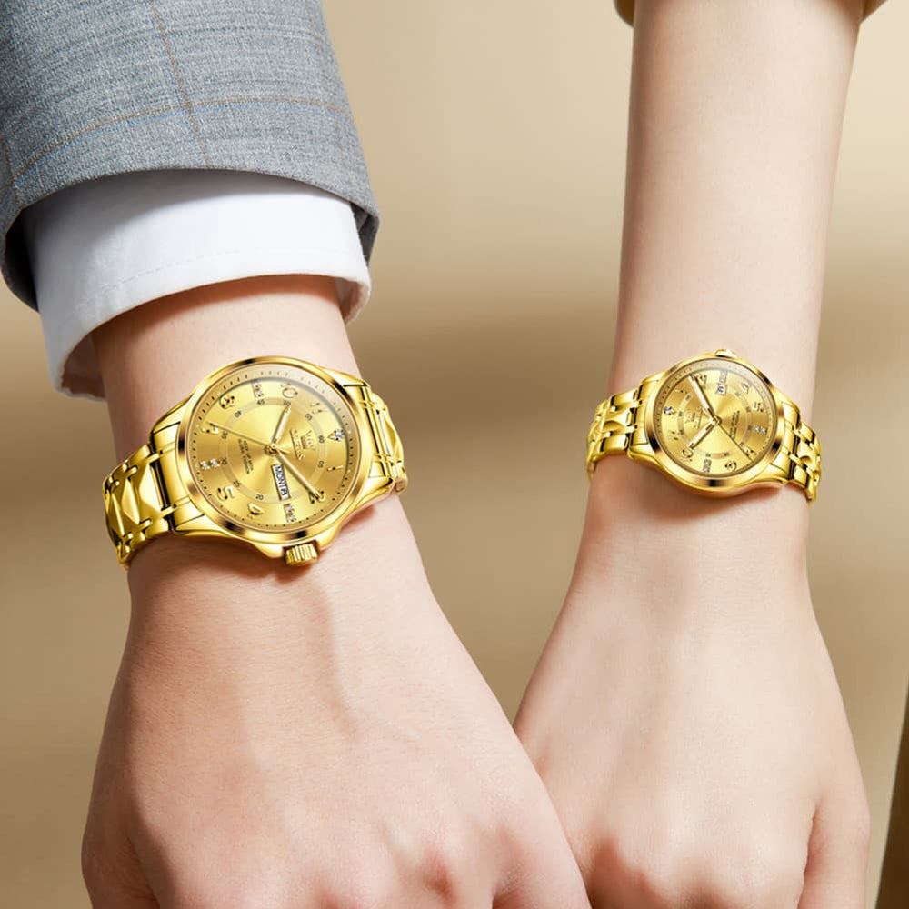 OLEVS 2910 Diamond Day Date Couples Watch Set Men Women - All Gold Watch | Olevs Watch Store