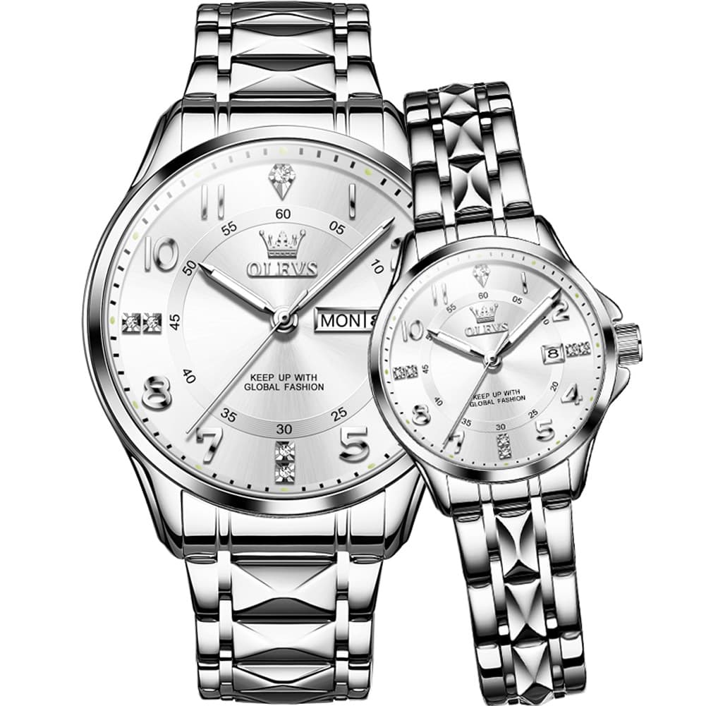 OLEVS 2910 Diamond Day Date Couples Watch Set Men Women - Silver White Watch | Olevs Watch Store