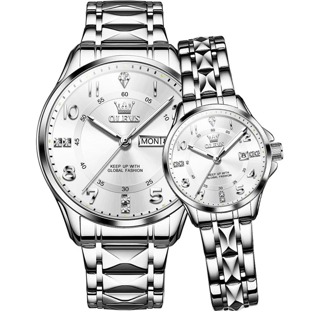 OLEVS 2910 Diamond Day Date Couples Watch Set Men Women - Silver White Watch | Olevs Watch Store