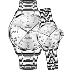 OLEVS 2910 Diamond Day Date Couples Watch Set Men Women - Silver White Watch | Olevs Watch Store
