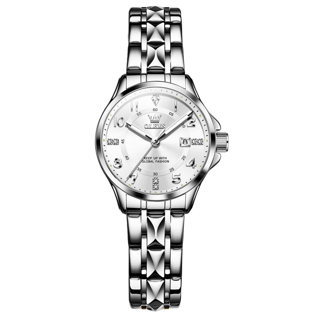 OLEVS 2910 Diamond Day Date Couples Watch Set Men Women - Silver White Watch | Olevs Watch Store