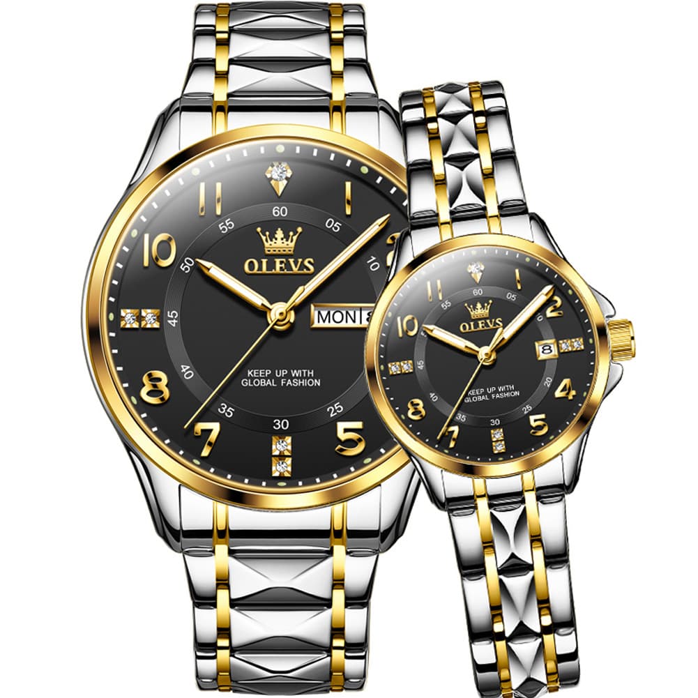 OLEVS 2910 Diamond Day Date Couples Watch Set Men Women - Two Tone Black Watch | Olevs Watch Store