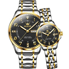 OLEVS 2910 Diamond Day Date Couples Watch Set Men Women - Two Tone Black Watch | Olevs Watch Store