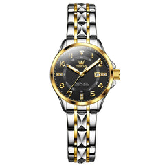 OLEVS 2910 Diamond Day Date Couples Watch Set Men Women - Two Tone Black Watch | Olevs Watch Store