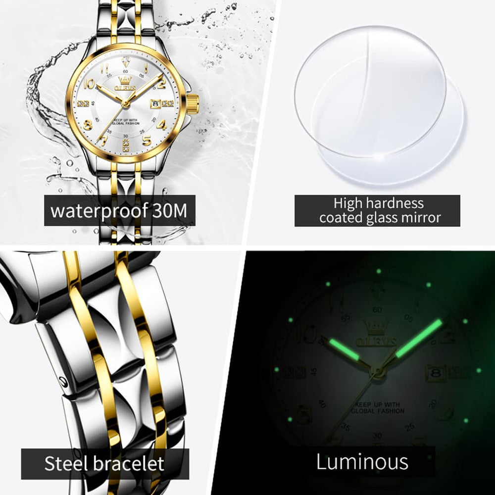 OLEVS 2910 Diamond Day Date Couples Watch Set Men Women - Two Tone White Watch | Olevs Watch Store