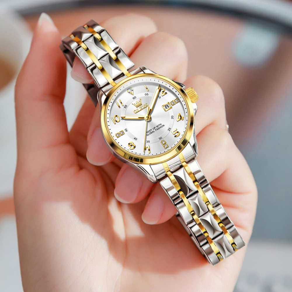 OLEVS 2910 Diamond Day Date Couples Watch Set Men Women - Two Tone White Watch | Olevs Watch Store
