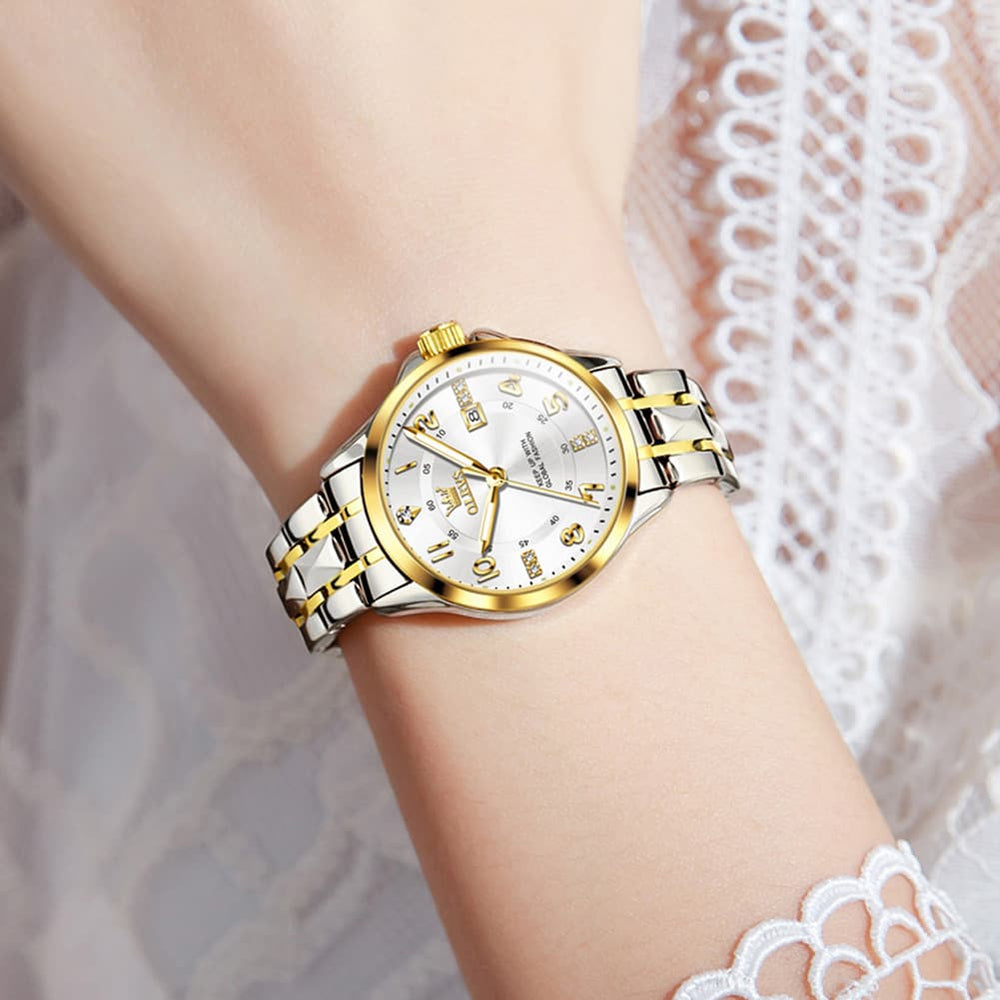 OLEVS 2910 Diamond Day Date Couples Watch Set Men Women - Two Tone White Watch | Olevs Watch Store