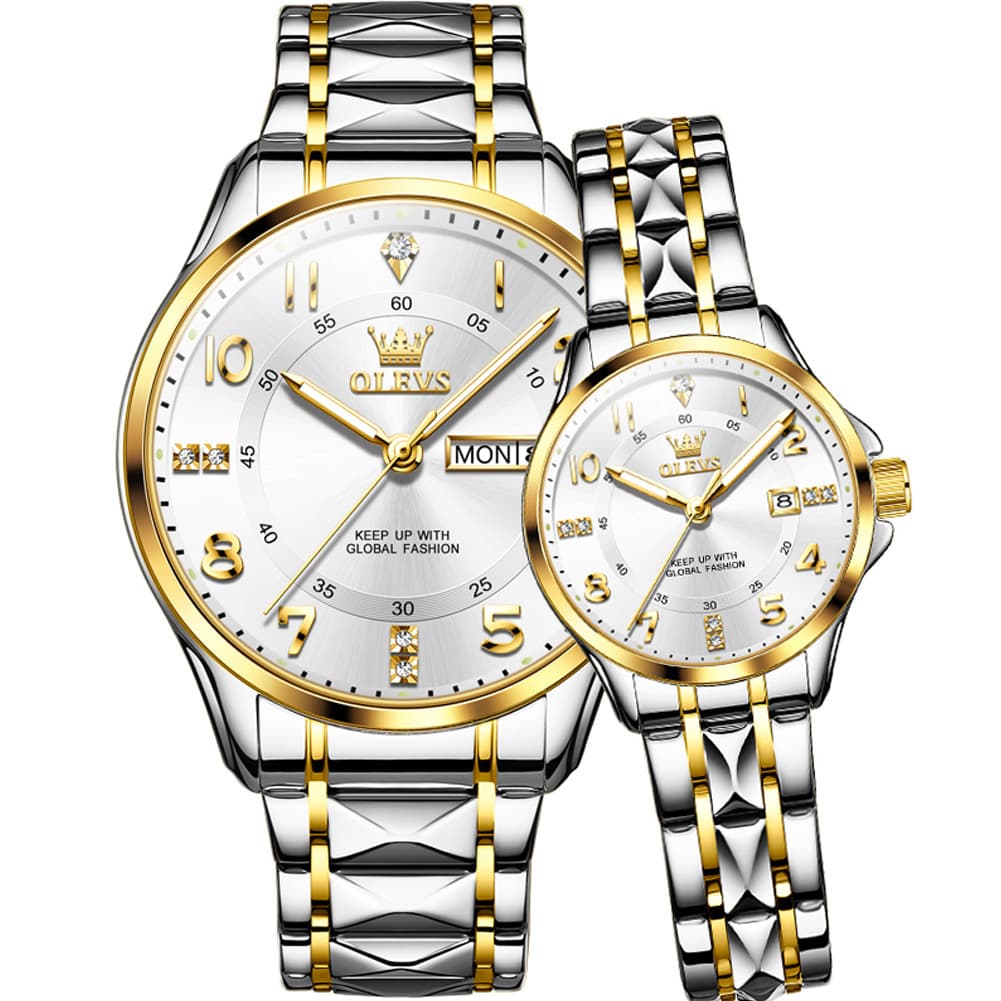 OLEVS 2910 Diamond Day Date Couples Watch Set Men Women - Two Tone White Watch | Olevs Watch Store