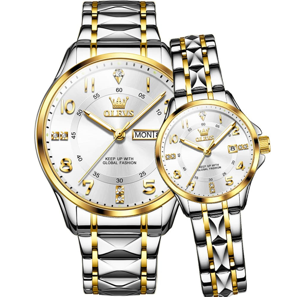 OLEVS 2910 Diamond Day Date Couples Watch Set Men Women - Two Tone White Watch | Olevs Watch Store