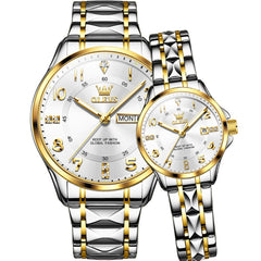 OLEVS 2910 Diamond Day Date Couples Watch Set Men Women - Two Tone White Watch | Olevs Watch Store