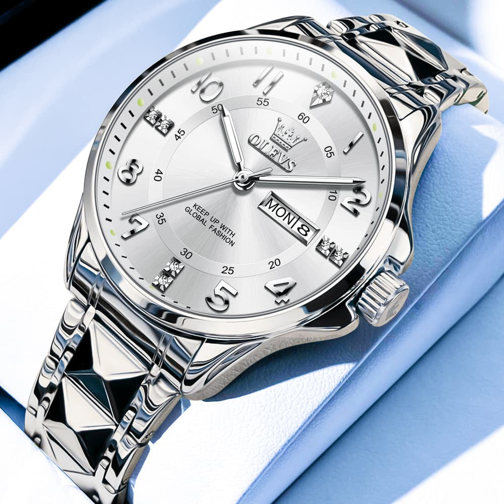 OLEVS 2910 Diamond Day Date Quartz Watch for Men - Silver White Watch | Olevs Watch Store