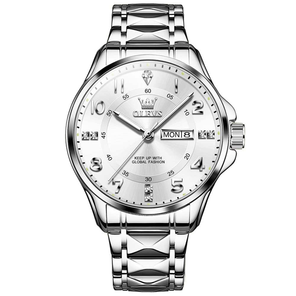 OLEVS 2910 Diamond Day Date Quartz Watch for Men - Silver White Watch | Olevs Watch Store