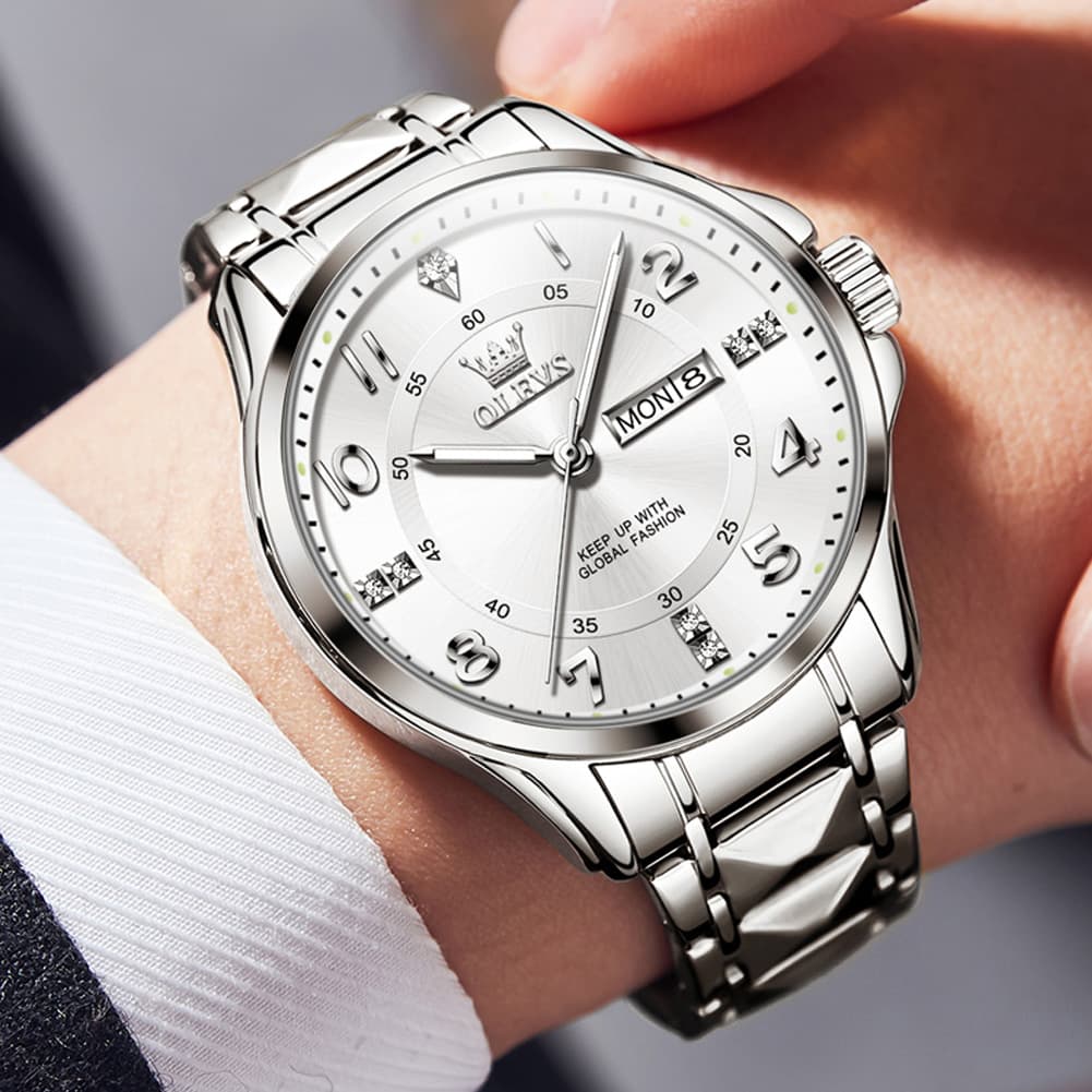 OLEVS 2910 Diamond Day Date Quartz Watch for Men - Silver White Watch | Olevs Watch Store