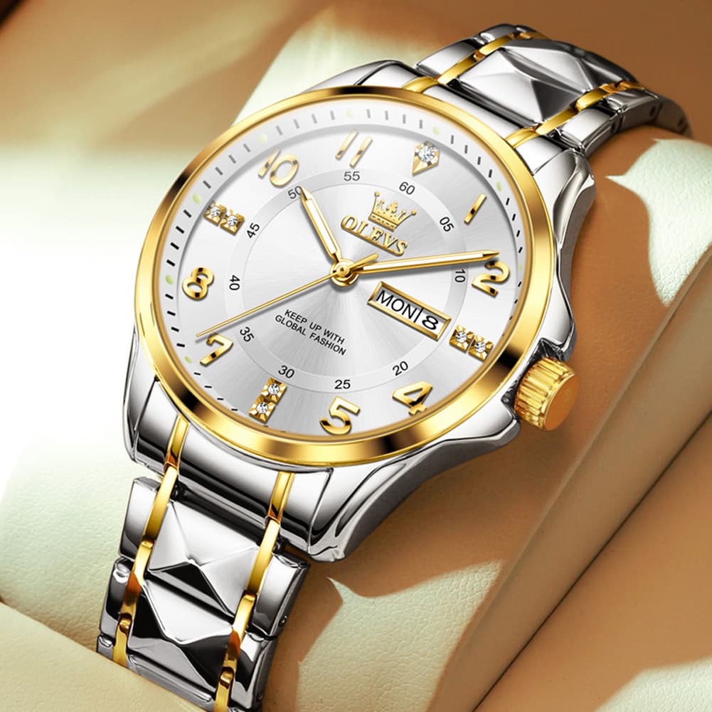OLEVS 2910 Diamond Day Date Quartz Watch for Men - Silver White Watch | Olevs Watch Store