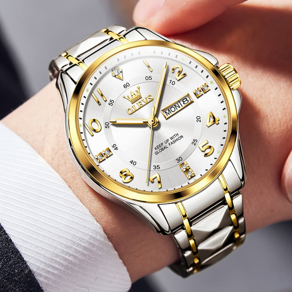 OLEVS 2910 Diamond Day Date Quartz Watch for Men - Silver White Watch | Olevs Watch Store