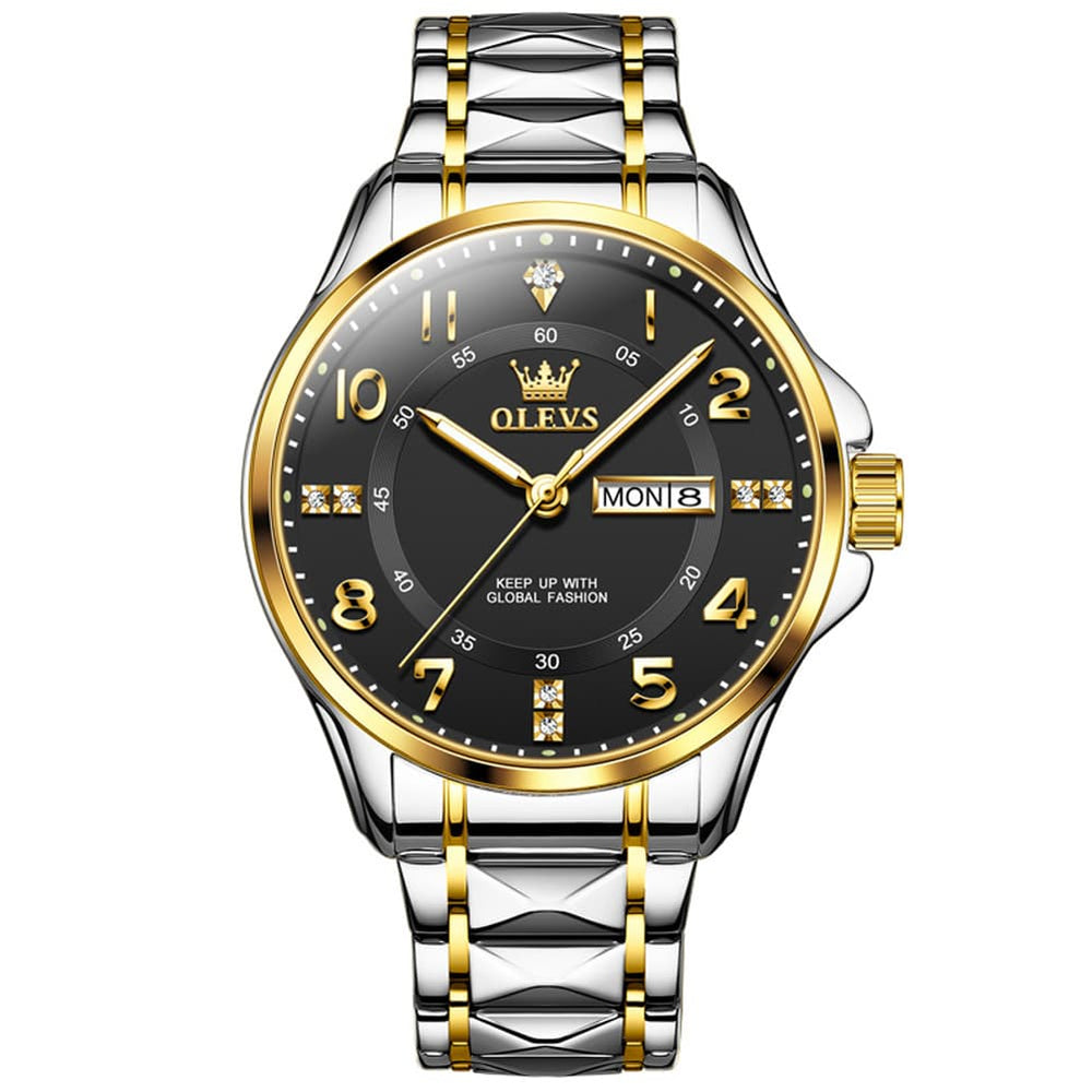 OLEVS 2910 Diamond Day Date Quartz Watch for Men - Two Tone Black Watch | Olevs Watch Store
