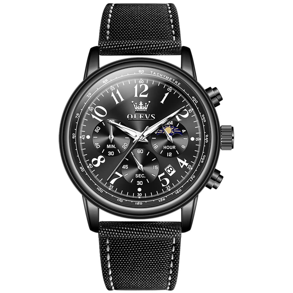 OLEVS 2912 Leather Chronograph Moon Phase Watch for Men - All Black Watch | Olevs Watch Store