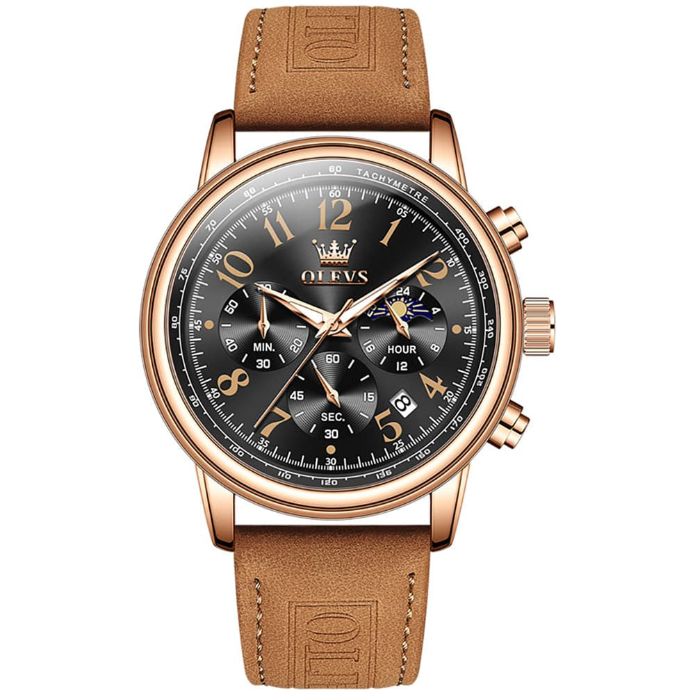 OLEVS 2912 Leather Chronograph Moon Phase Watch for Men - Rose Gold Black Watch | Olevs Watch Store