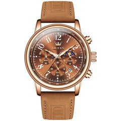 OLEVS 2912 Leather Chronograph Moon Phase Watch for Men - Rose Gold Coffee Watch | Olevs Watch Store