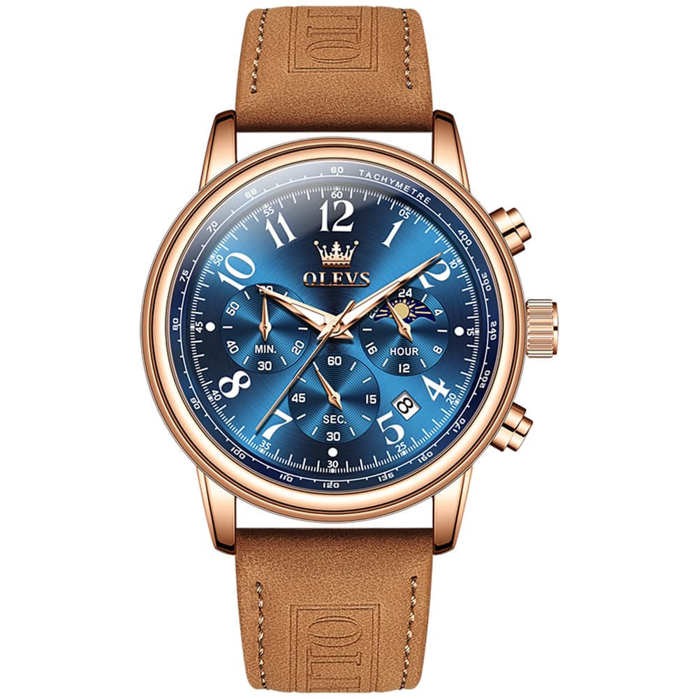 OLEVS 2912 Leather Chronograph Moon Phase Watch for Men - Rose Gold Blue Watch | Olevs Watch Store