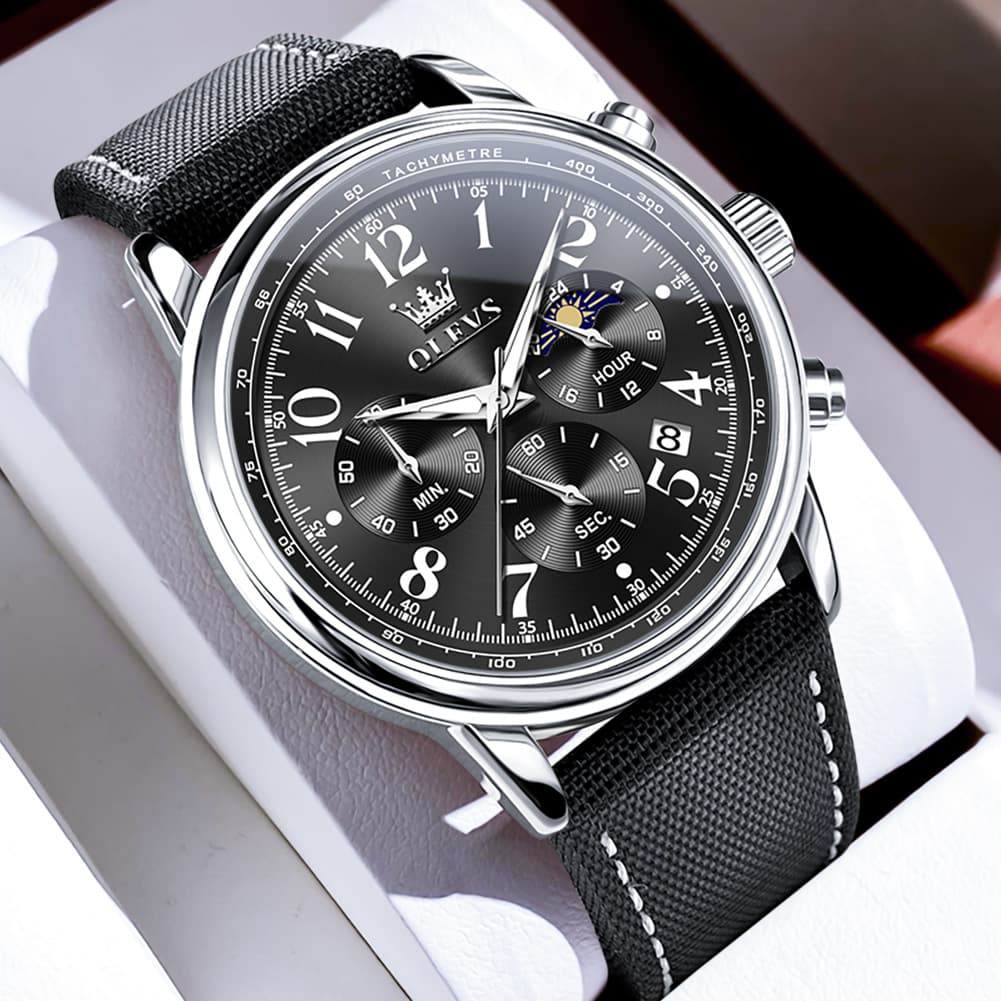 OLEVS 2912 Leather Chronograph Moon Phase Watch for Men - Silver Black Watch | Olevs Watch Store