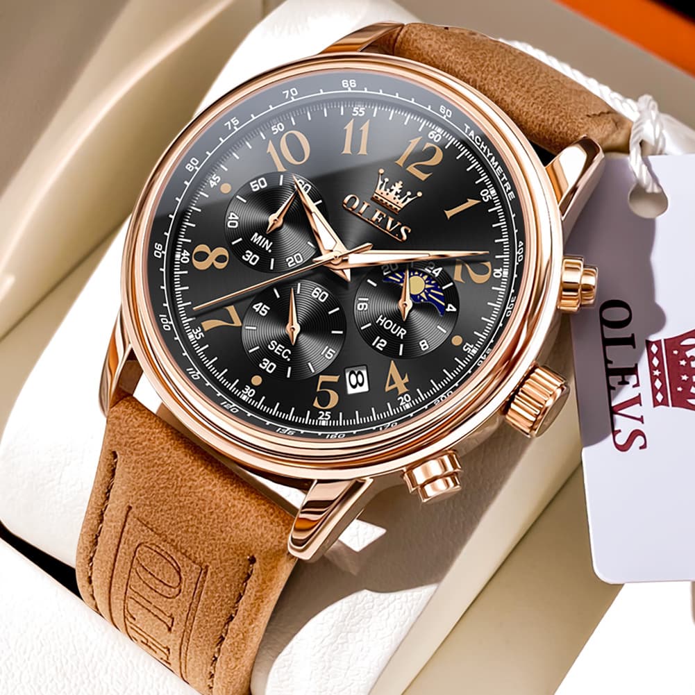 OLEVS 2912 Leather Chronograph Moon Phase Watch for Men - Silver Black Watch | Olevs Watch Store