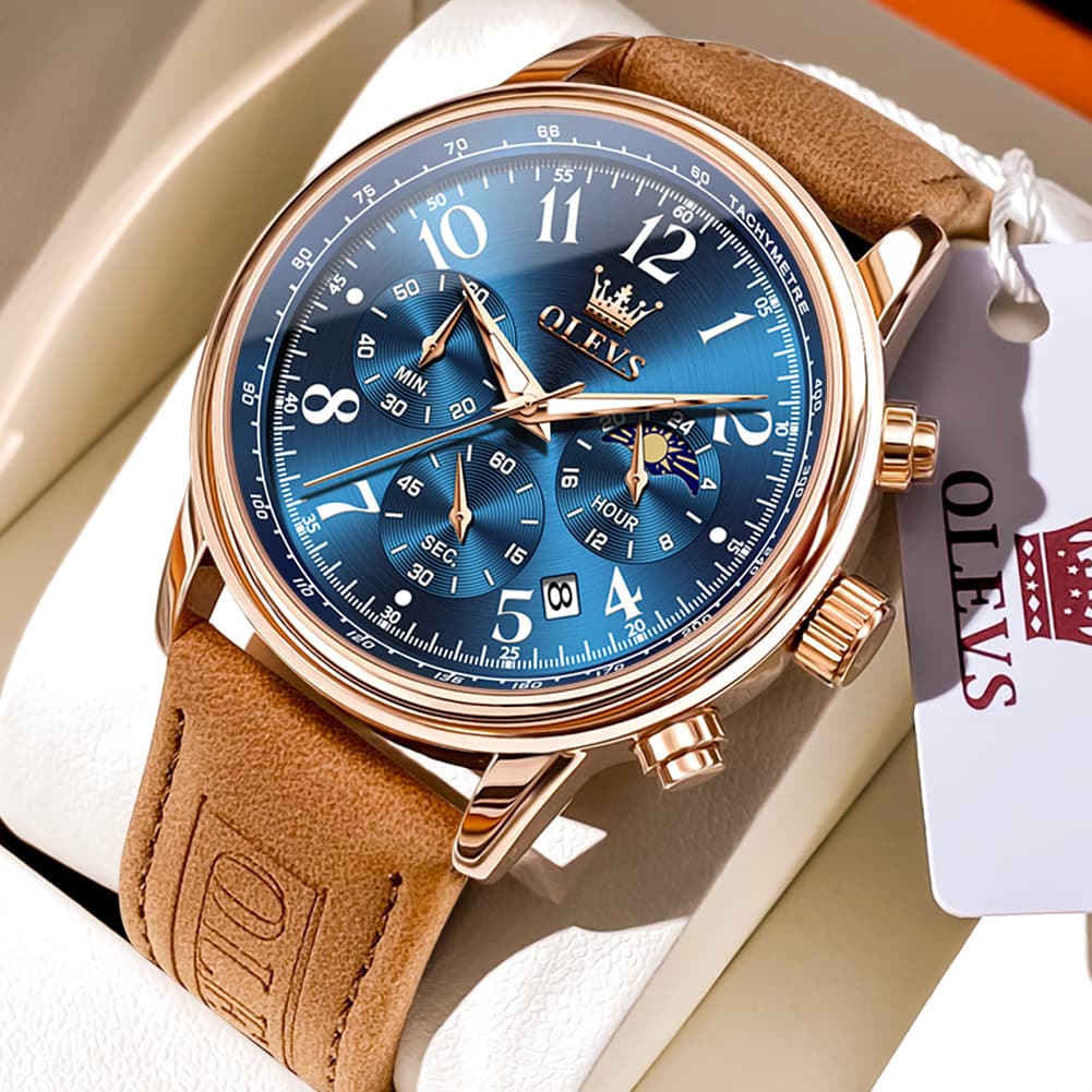 OLEVS 2912 Leather Chronograph Moon Phase Watch for Men - Silver Black Watch | Olevs Watch Store